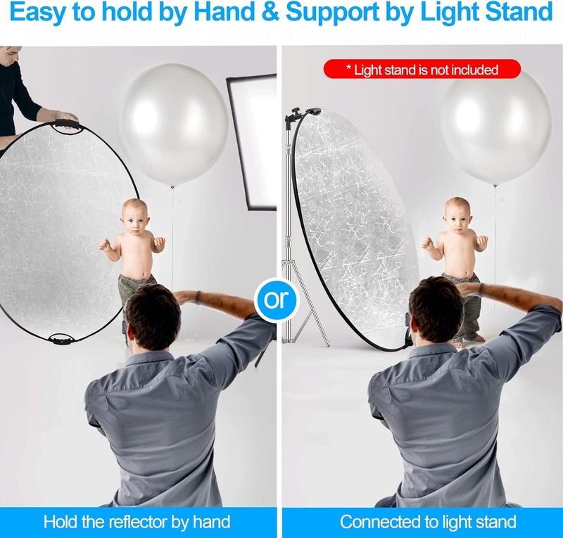 Wellmaking 43Inch/110cm Photography Light Reflector, Portable Foldable 5 in 1 Diffuser Reflectors with Bag & tilt Adapter for Studio & Outdoor Lighting-Translucent, Silver, Gold, White and Black - Image 4